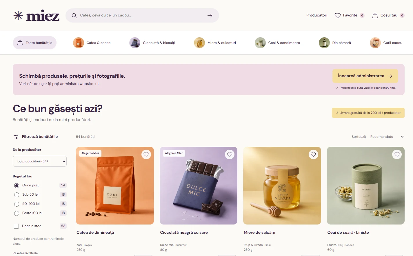 Miez: marketplace gourmet cu catalog, favorite, coș și administrare de încercat.